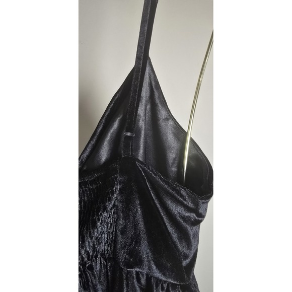 TCEC Women's M Black Mini Dress Spaghetti Straps Bow Pockets Smocking Velour - Picture 14 of 16